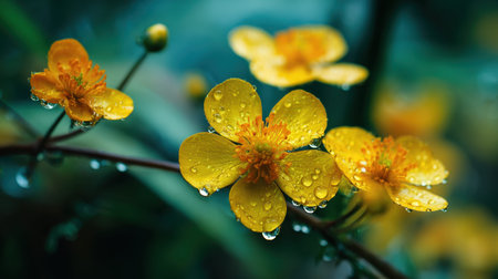 Buttercup macro botanical shot of exotic tropical blossoms with crisp glassy water droplets against a bright soft focus jungle background vibrant paradise color palette shallow depth of field sharp textures horizontal composition abundant copy space premium stock photo quality no people no text no logo