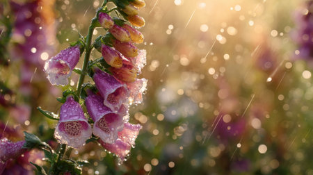 Foxglove close up telephoto view of garden blossoms drenched in fresh rain water glistening under golden hour sunlight warm bright cottage backyard setting shallow depth of field creamy natural bokeh background horizontal format wide copy space premium quality no people no text no logo