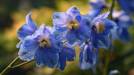 Delphinium close up telephoto view of garden blossoms drenched in fresh rain water glistening under golden hour sunlight warm bright cottage backyard setting shallow depth of field creamy natural bokeh background horizontal format wide copy space premium quality no people no text no logo