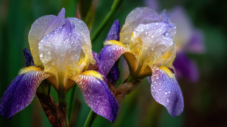 Iris close up telephoto view of garden blossoms drenched in fresh rain water glistening under golden hour sunlight warm bright cottage backyard setting shallow depth of field creamy natural bokeh background horizontal format wide copy space premium quality no people no text no logo