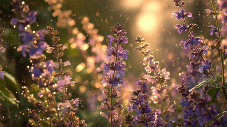 Salvia close up telephoto view of garden blossoms drenched in fresh rain water glistening under golden hour sunlight warm bright cottage backyard setting shallow depth of field creamy natural bokeh background horizontal format wide copy space premium quality no people no text no logo