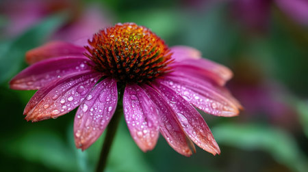 Purple Coneflower macro botanical shot of exotic tropical blossoms with crisp glassy water droplets against a bright soft focus jungle background vibrant paradise color palette shallow depth of field sharp textures horizontal composition abundant copy space premium stock photo quality no people no text no logo 1