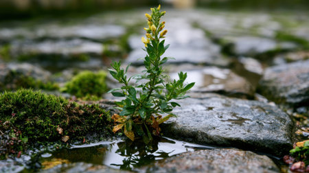 Broom Flower growing naturally from the cracks of old wet stone pavement, delicate small flowers rising above fresh green leaves, moss covered stones surrounding the plant, rainwater puddles reflecting soft natural light, close up realistic botanical photography, low angle ground level composition, shallow depth of field, blurred stone background, fresh after rain atmosphere, natural outdoor setting, detailed moss and stone textures, peaceful wild garden mood, premium stock photo quality, no people, no text, no logo, no watermark