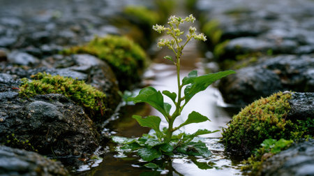Ginger Flower growing naturally from the cracks of old wet stone pavement, delicate small flowers rising above fresh green leaves, moss covered stones surrounding the plant, rainwater puddles reflecting soft natural light, close up realistic botanical photography, low angle ground level composition, shallow depth of field, blurred stone background, fresh after rain atmosphere, natural outdoor setting, detailed moss and stone textures, peaceful wild garden mood, premium stock photo quality, no people, no text, no logo, no watermark