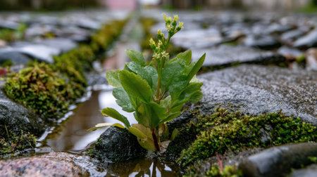 Epiphyllum growing naturally from the cracks of old wet stone pavement, delicate small flowers rising above fresh green leaves, moss covered stones surrounding the plant, rainwater puddles reflecting soft natural light, close up realistic botanical photography, low angle ground level composition, shallow depth of field, blurred stone background, fresh after rain atmosphere, natural outdoor setting, detailed moss and stone textures, peaceful wild garden mood, premium stock photo quality, no people, no text, no logo, no watermark