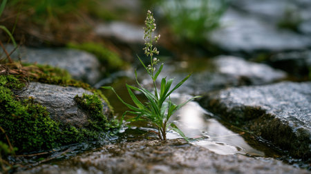 Fountain Grass Flower growing naturally from the cracks of old wet stone pavement, delicate small flowers rising above fresh green leaves, moss covered stones surrounding the plant, rainwater puddles reflecting soft natural light, close up realistic botanical photography, low angle ground level composition, shallow depth of field, blurred stone background, fresh after rain atmosphere, natural outdoor setting, detailed moss and stone textures, peaceful wild garden mood, premium stock photo quality, no people, no text, no logo, no watermark