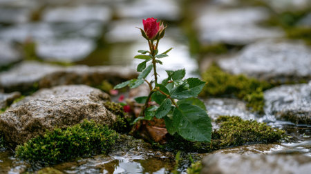 Red Rose growing naturally from the cracks of old wet stone pavement, delicate small flowers rising above fresh green leaves, moss covered stones surrounding the plant, rainwater puddles reflecting soft natural light, close up realistic botanical photography, low angle ground level composition, shallow depth of field, blurred stone background, fresh after rain atmosphere, natural outdoor setting, detailed moss and stone textures, peaceful wild garden mood, premium stock photo quality, no people, no text, no logo, no watermark