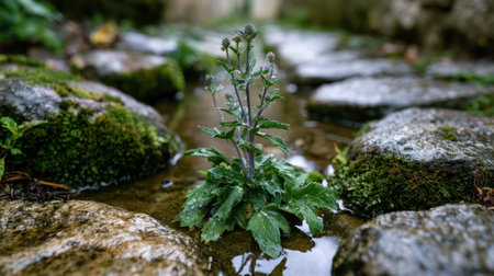 Sea Holly growing naturally from the cracks of old wet stone pavement, delicate small flowers rising above fresh green leaves, moss covered stones surrounding the plant, rainwater puddles reflecting soft natural light, close up realistic botanical photography, low angle ground level composition, shallow depth of field, blurred stone background, fresh after rain atmosphere, natural outdoor setting, detailed moss and stone textures, peaceful wild garden mood, premium stock photo quality, no people, no text, no logo, no watermark