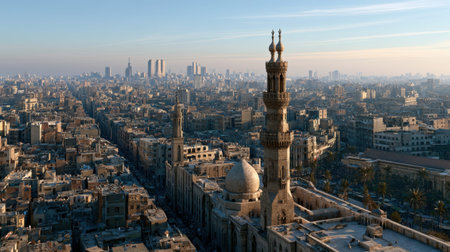 Wide realistic panoramic landscape of historic Old Cairo near Khan el Khalili, expansive full scene featuring historic market district scenery, layered architecture and wide city textures in calm golden hour weather, no people, no text, no logo, no watermark.