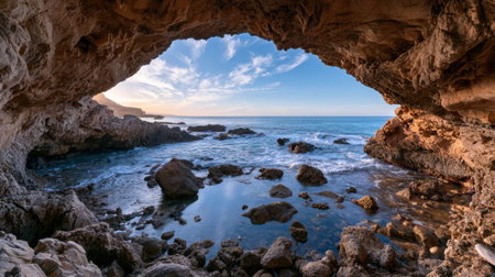 Wide realistic panoramic landscape of the Hercules Caves near Tangier, expansive full scene featuring coastal cave formations, tidal rocks and expansive ocean scenery in calm golden hour weather, no people, no text, no logo, no watermark. 3