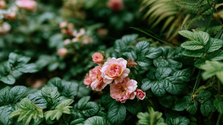 Juliet Rose blooming naturally among a dense carpet, small delicate blossoms scattered across lush rounded foliage, top down realistic botanical photography, full frame plant texture, layered green leaves filling the entire composition, soft natural light with gentle highlights and shadows, rich fresh garden atmosphere, shallow depth of field, detailed leaf veins and flower clusters, elegant botanical background, premium stock photo quality, no people, no text, no logo, no watermark 1