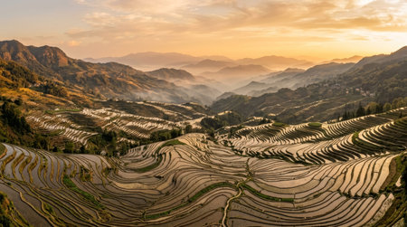 Wide realistic panoramic landscape of Yuanyang rice terraces in Yunnan, expansive full scene featuring curving terrace lines, misty hills and expansive agricultural scenery in calm golden hour weather, no people, no text, no logo, no watermark.