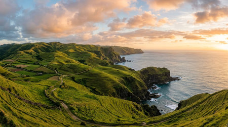 Wide realistic panoramic landscape of the rolling hills of Batanes, expansive full scene featuring windswept island slopes, dramatic cliffs and expansive northern seascapes in calm golden hour weather, no people, no text, no logo, no watermark.