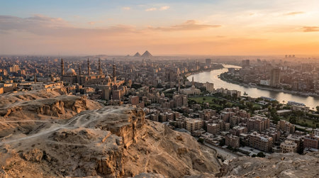 Wide realistic panoramic landscape of the Mokattam Hills above Cairo, expansive full scene featuring elevated urban panorama, limestone ridges and expansive Cairo scenery in calm golden hour weather, no people, no text, no logo, no watermark.