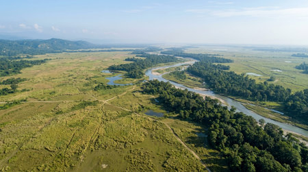 68. Bird s eye realistic landscape view of Chitwan National Park in the Terai lowlands, wide aerial panorama showing wide grasslands, riverine forests and misty subtropical plains under clear summer light, no people, no text, no logo, no watermark.