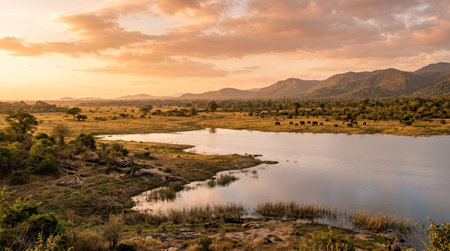 Wide realistic panoramic landscape of Udawalawe Reservoir, expansive full scene featuring broad lakeside scenery, open plains and golden tropical light in calm golden hour weather, no people, no text, no logo, no watermark.