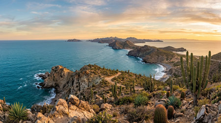 Wide realistic panoramic landscape of the Baja California coastline, expansive full scene featuring rocky shores, cactus terrain and expansive peninsula views in calm golden hour weather.
