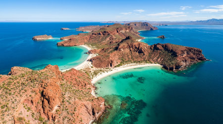 Bird s eye realistic landscape view of Espiritu Santo Island, wide aerial panorama showing red desert cliffs, turquoise sea and broad island scenery under clear daylight.
