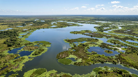 Bird s eye realistic landscape view of a lagoon in the Ibera Wetlands, wide aerial panorama showing calm water, floating vegetation and broad wetland scenery under clear daylight.