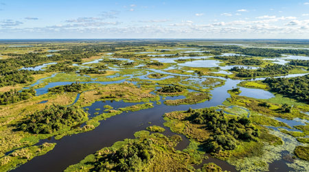 Bird s eye realistic landscape view of the Ibera Wetlands, wide aerial panorama showing vast marshes, lagoons and broad subtropical scenery under clear daylight.