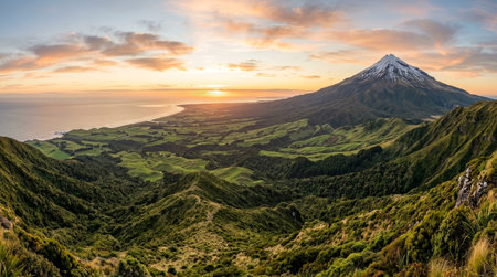 Wide realistic panoramic landscape of Egmont National Park, expansive full scene featuring green slopes, rugged summit and expansive western New Zealand views in calm golden hour weather.