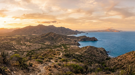 Wide realistic panoramic landscape of Macanao Peninsula, expansive full scene featuring dry valleys, blue sea and expansive western Margarita views in calm golden hour weather.