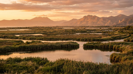 Untouched natural scenery at Pontine Marshes Wetlands, featuring compressed landscape layers, regional terrain, and atmospheric golden hour without visible human made elements.