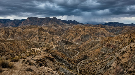 Untouched natural scenery at Tabernas Desert, featuring compressed landscape layers, regional terrain, and atmospheric storm clouds without visible human made elements.