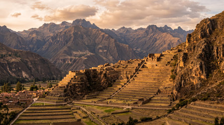 Distinctive archaeological landmark scenery at Ollantaytambo Fortress, combining Peruvian heritage or natural character with layered depth and atmospheric South American light.