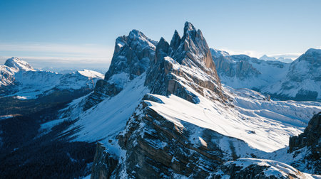 Photorealistic mountain scenery of Dolomites Seceda Ridge, shaped by clear afternoon, layered depth and authentic Italian atmosphere.
