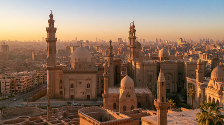 Photorealistic historic scenery of Cairo Sultan Hassan Mosque, shaped by sunset, layered depth and authentic Egyptian atmosphere.
