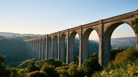 Commercial United Kingdom destination imagery featuring Pontcysyllte Aqueduct, realistic textures, strong depth and clear natural illumination.