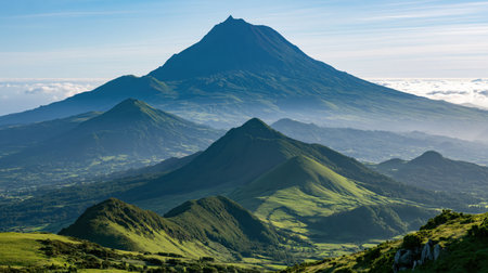 A clear daytime travel view of Azores Pico Mountain with layered perspective, authentic regional detail and vibrant natural tones.
