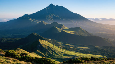 Azores Pico Mountain appears under bright sunlight with crisp atmosphere, balanced compression and detailed foreground to background separation.