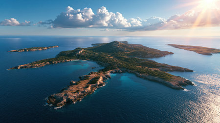 Drone view scenery of Menorca Island in Spain reveals distinctive island character, realistic color and broad spatial context beneath clear daylight.