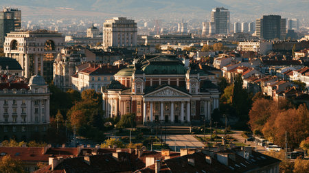 A clear daytime travel view of Sofia National Theatre with layered perspective, authentic regional detail and vibrant natural tones.