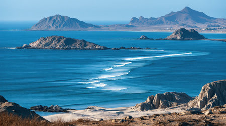 Telephoto landscape of Huanchaco Coast in brilliant sunlight, showing compressed depth, realistic color and finely resolved distant scenery.