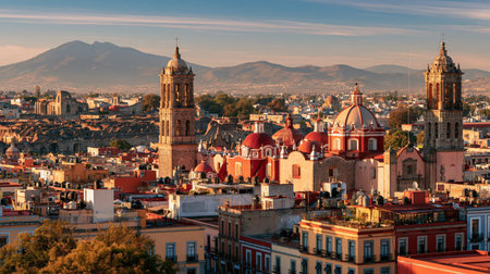 Telephoto landscape of Puebla Historic Centre in brilliant sunlight, showing compressed depth, realistic color and finely resolved distant scenery.