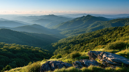 Commercial United States destination imagery featuring Blue Ridge Parkway, realistic textures, strong depth and clear natural illumination.