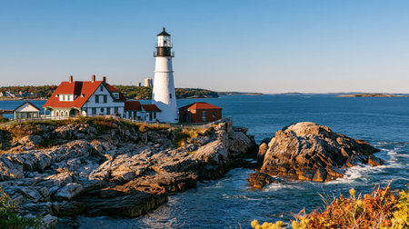 A clear daytime travel view of Portland Head Light Maine with layered perspective, authentic regional detail and vibrant natural tones.