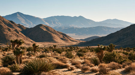 Telephoto landscape of Joshua Tree National Park in brilliant sunlight, showing compressed depth, realistic color and finely resolved distant scenery.