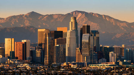 Commercial United States destination imagery featuring Los Angeles Downtown Skyline, realistic textures, strong depth and clear natural illumination.