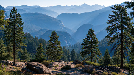 Telephoto landscape of Yosemite National Park in brilliant sunlight, showing compressed depth, realistic color and finely resolved distant scenery.