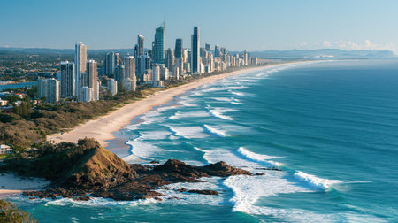 Telephoto landscape of Gold Coast Surfers Paradise in brilliant sunlight, showing compressed depth, realistic color and finely resolved distant scenery.