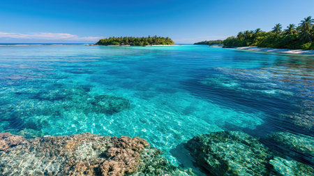 Telephoto landscape of Ari Atoll Coral Reef in brilliant sunlight, showing compressed depth, realistic color and finely resolved distant scenery.