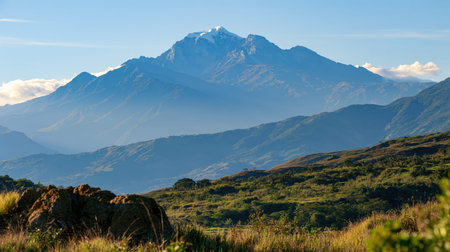 Telephoto landscape of Pico Bolivar in brilliant sunlight, showing compressed depth, realistic color and finely resolved distant scenery.