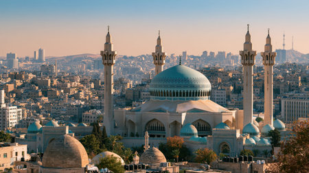 Telephoto landscape of Amman King Abdullah Mosque in brilliant sunlight, showing compressed depth, realistic color and finely resolved distant scenery.