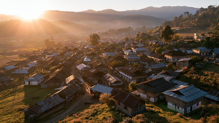 Ziro Village appears from a drone perspective with realistic texture, brilliant sunlight and expansive visual depth suited to commercial travel imagery.