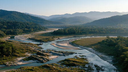 A polished drone view of Jim Corbett National Park captures characteristic India forms with clean depth, vivid natural tones and detailed surroundings.