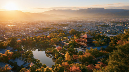 Drone view scenery of Historic Monuments of Ancient Kyoto in Japan reveals distinctive heritage character, realistic color and broad spatial context beneath clear daylight.